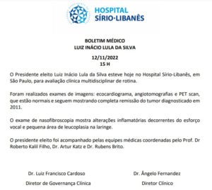 Exames de Lula: Sírio Libanês divulga resultado dos exames do presidente eleito.