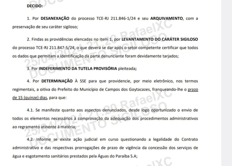 TCE-RJ: apuração de ilegalidade no contrato da concessionária Águas do Paraíba com a Prefeitura de Campos-RJ.