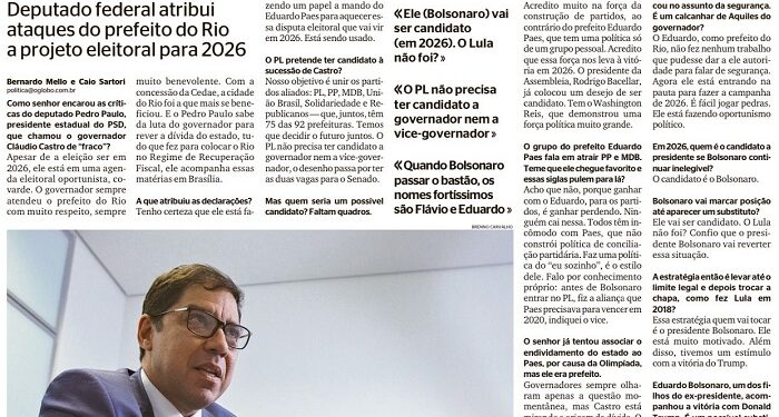 Entrevista do deputado Altineu Côrtes em O Globo sobre a sucessão do Rio em 2026.