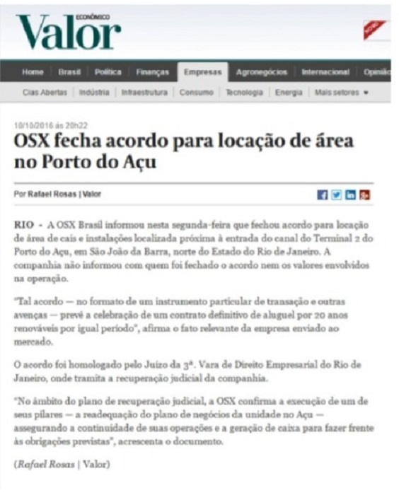 Terras desapropriadas pelo Estado do Rio no Porto do Açu estão em podem da OSX Brasil.
