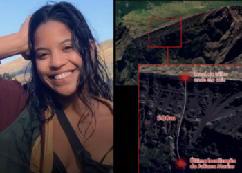 Turista brasileira Juliana Marins é localizada por drone em paredão rochoso após queda durante trilha no Monte Rinjani, na Indonésia. Clima dificulta o resgate, e família critica operação.