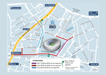 CET-Rio fará operação de trânsito com bloqueios no entorno do Estádio Nilton Santos neste domingo (17/08) para o jogo entre Botafogo e Palmeiras. Saiba ruas interditadas e horários.