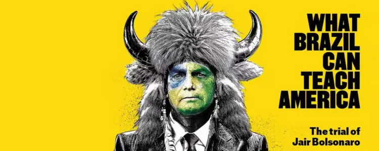 The Economist dedica capa ao julgamento de Jair Bolsonaro e aliados por tentativa de golpe nas eleições de 2022. Reportagem compara Brasil e EUA em termos de democracia e autoritarismo.