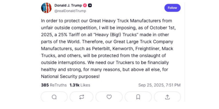 Donald Trump anunciou tarifas de até 50% sobre caminhões e móveis importados para proteger fabricantes americanos e fortalecer a indústria nacional a partir de 1º de outubro de 2025.
