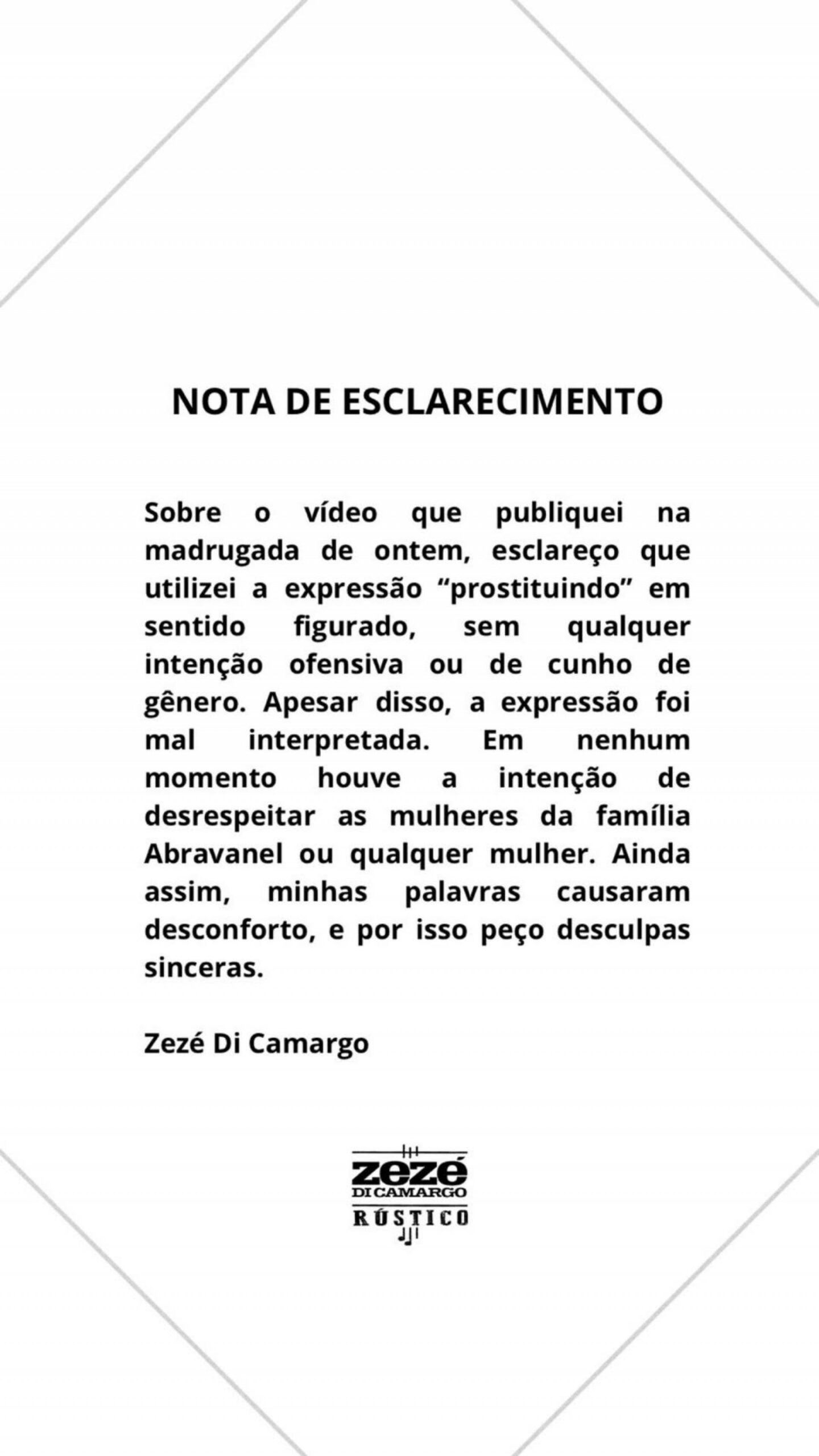 Pedido de desculpas publicado por Zezé Di Camargo nas redes sociaisReprodução/Instagram