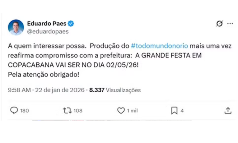 Imagem: Prefeito do Rio confirmou a data do show do projeto 'Todo Mundo no Rio' —Reprodução/ X