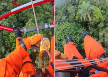 Homem de 52 anos é resgatado pelo Corpo de Bombeiros após quase 24 horas aguardando socorro em área de floresta entre Petrópolis e Duque de Caxias, na Região Serrana do Rio.