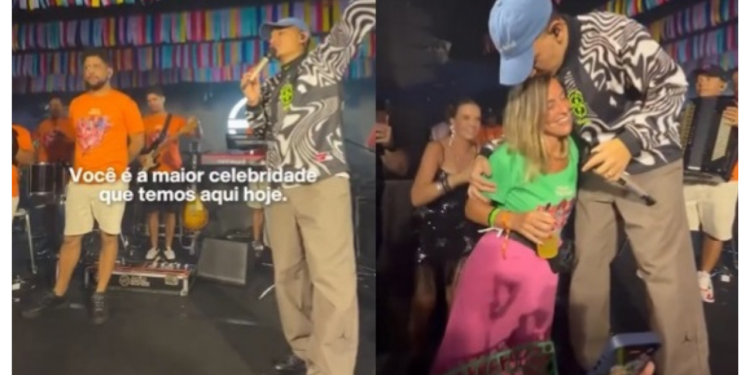 Durante show na Marquês de Sapucaí, João Gomes homenageou a cientista Tatiana Sampaio, pesquisadora de medicamento experimental para recuperação de movimentos em pacientes com lesão medular.
