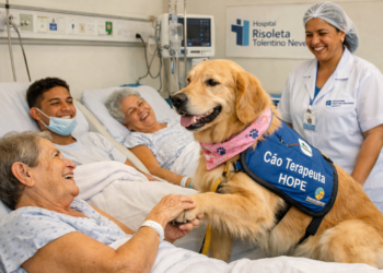 Cão terapeuta chamado Hope ajuda na recuperação de pacientes e humaniza atendimento no Hospital Risoleta Tolentino Neves, em Belo Horizonte.