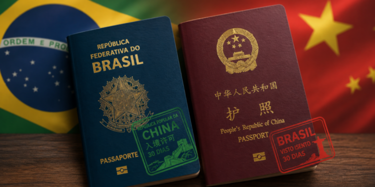 Brasil e China passam a permitir entrada sem visto para estadias de até 30 dias em viagens de turismo e negócios, em acordo válido até 2026.