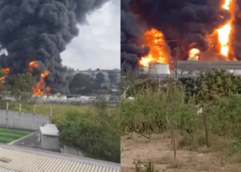 Incêndio de grandes proporções atinge indústria de reciclagem em Itaquaquecetuba, na Grande São Paulo. Bombeiros atuam para controlar as chamas.