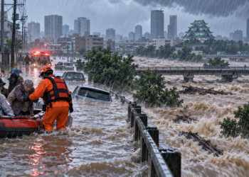Nagoya registra chuva recorde de 104,5 mm em uma hora, enfrenta alagamentos e aciona alerta máximo de emergência em áreas ameaçadas por inundações.