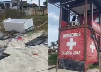 Ventania provoca estragos em Saquarema, com queda de árvores e postes, danos em comércios e interrupções de energia e internet.