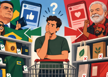 Polarização política influencia decisões de compra no Brasil, com listas de empresas, campanhas de boicote e pesquisas sobre comportamento do consumidor.