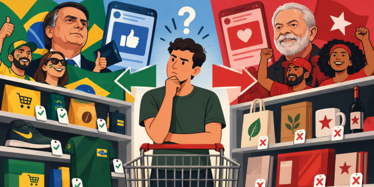 Polarização política influencia decisões de compra no Brasil, com listas de empresas, campanhas de boicote e pesquisas sobre comportamento do consumidor.