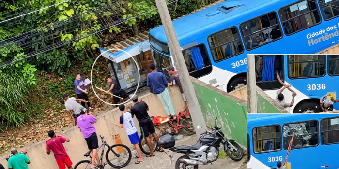 Ônibus da linha 3036 é atacado com pedras e galhos no bairro Carangola, em Petrópolis. Funcionários foram levados ao hospital.